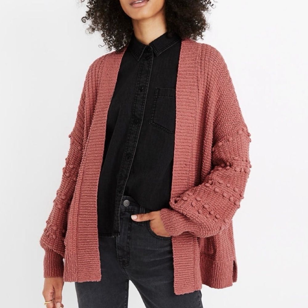Madewell Bobble Knit Cardigan Dusty Rose Open Front Pom Pom Sleeve Size Small